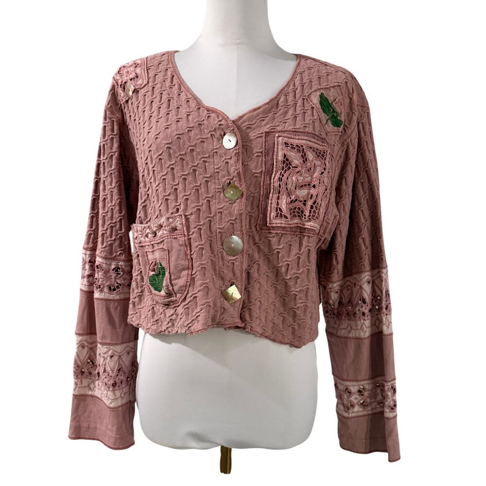 Vintage Surya Embroidered Crochet Patchwork Boho Cardigan Rose Pink Cropped Sz M
